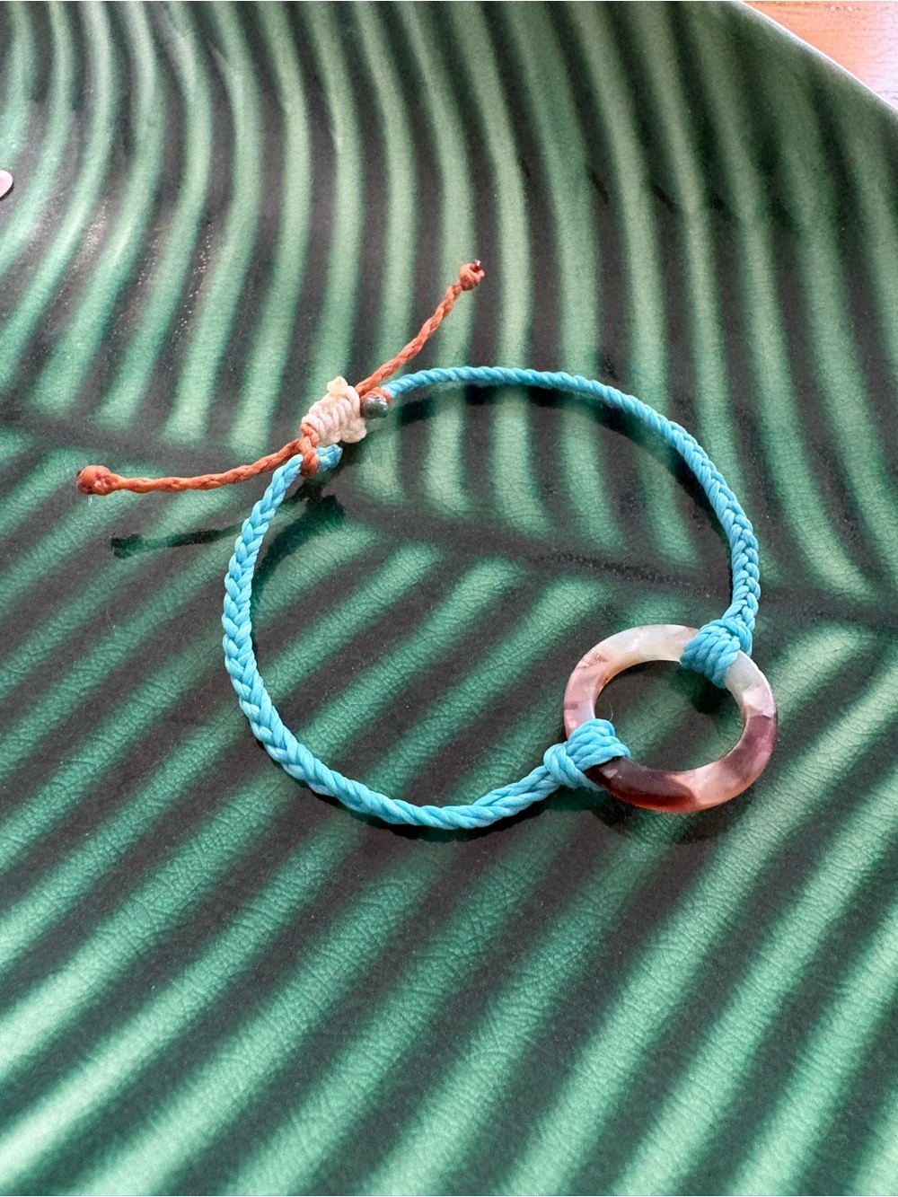 Handcrafted Beach Boho Wax String Bracelet with Marbled Ring Pendant